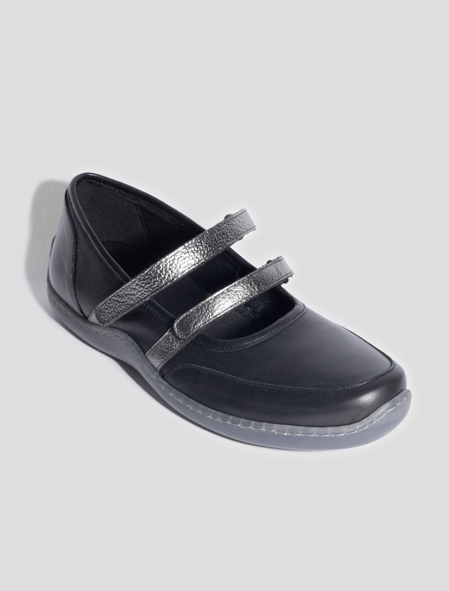 002km rubber sole sporty leather ballerina silver velcro black