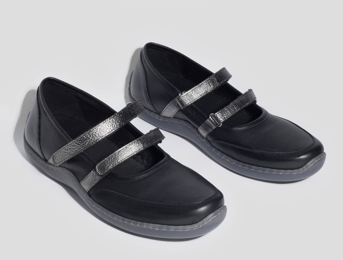 002km rubber sole sporty leather ballerina silver velcro black