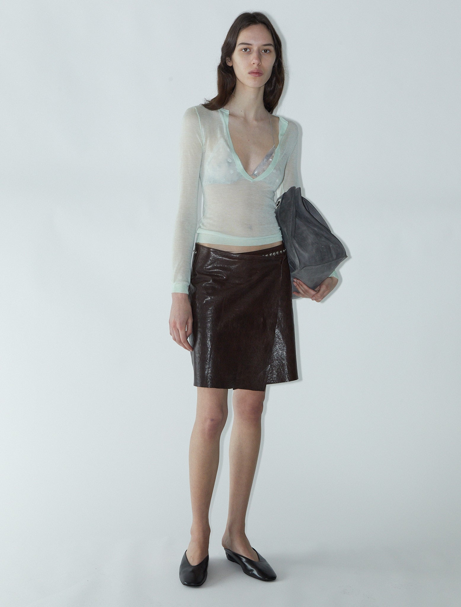 Sandi leather skirt waistband snaps brown