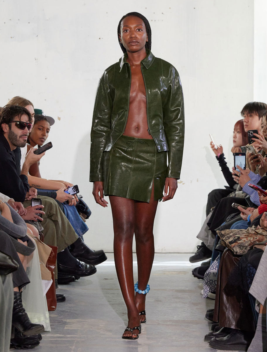 Fabia fitted waist leather jacket darkgreen
