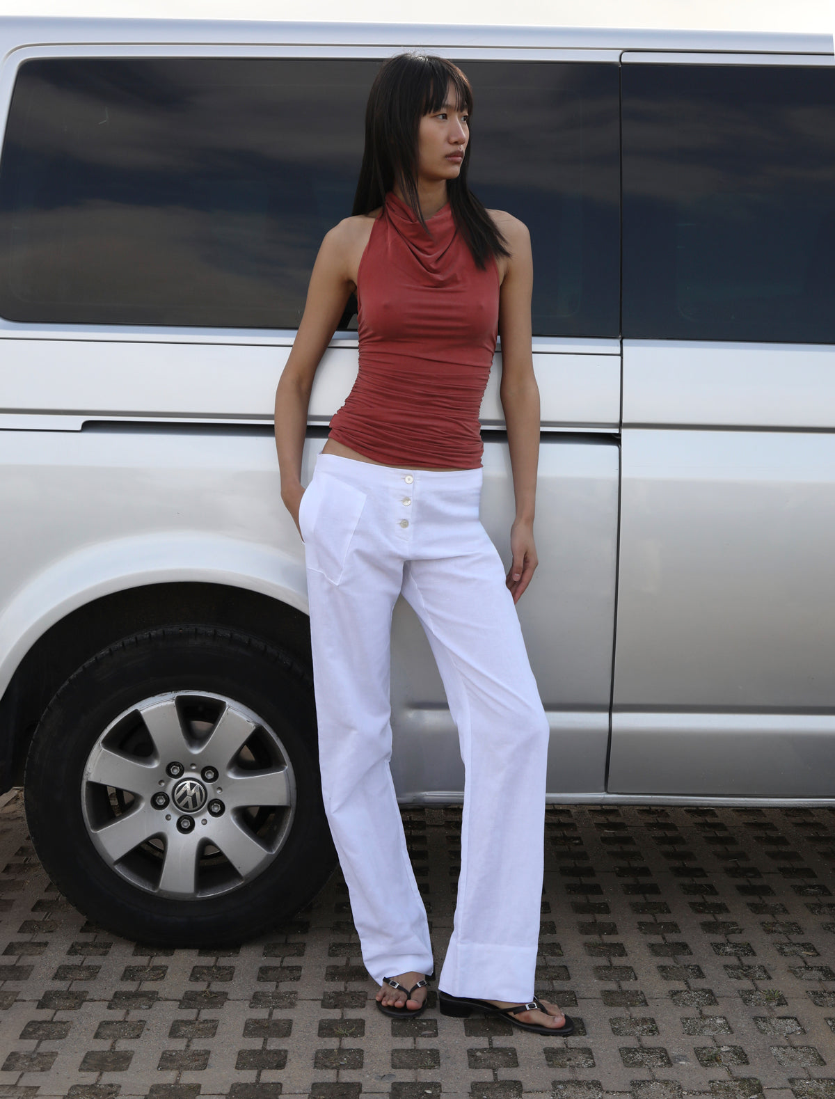 Fryda halter cupro top open back gathered sides terracotta