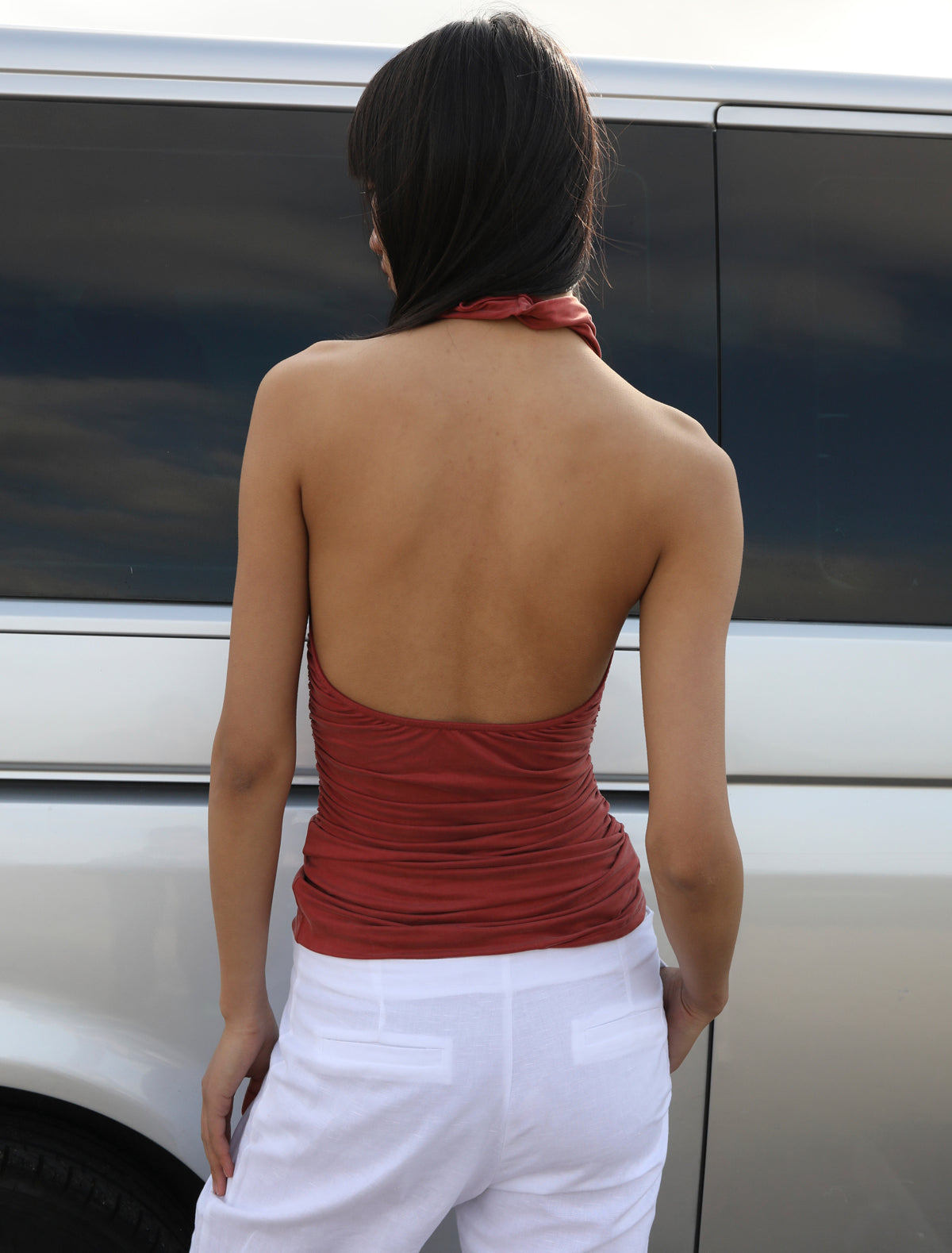 Fryda halter cupro top open back gathered sides terracotta