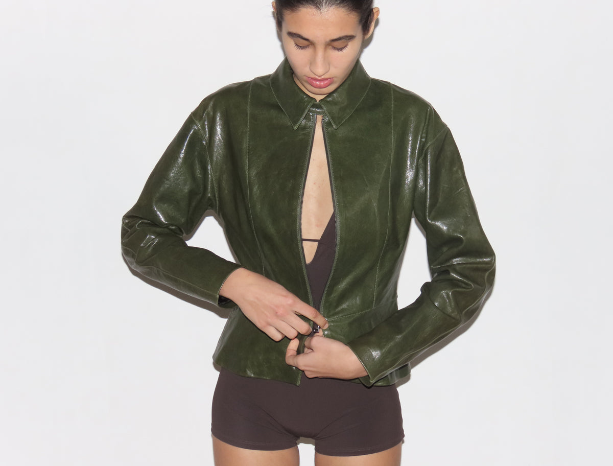 Fabia fitted waist leather jacket darkgreen