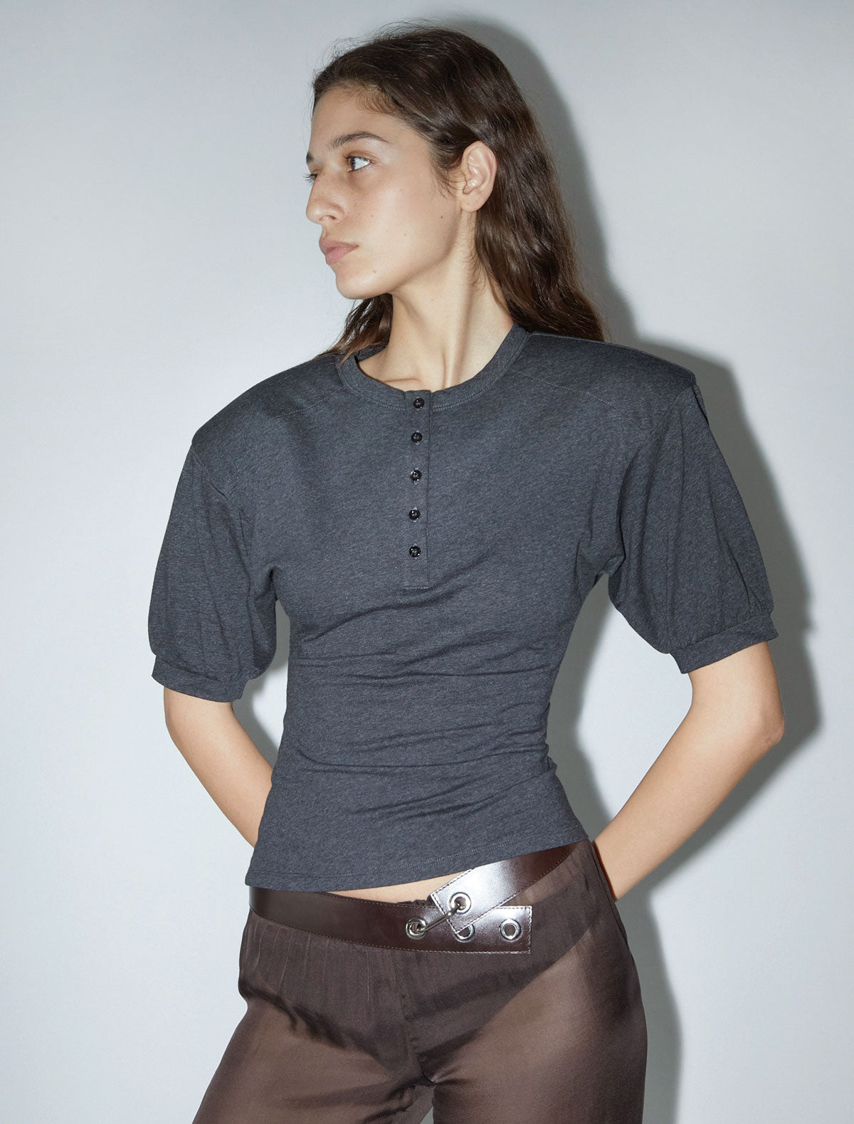 Renfo short sleeved top henley neckline shoulder pads grey