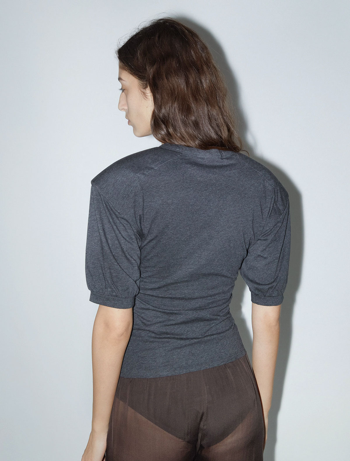 Renfo short sleeved top henley neckline shoulder pads grey