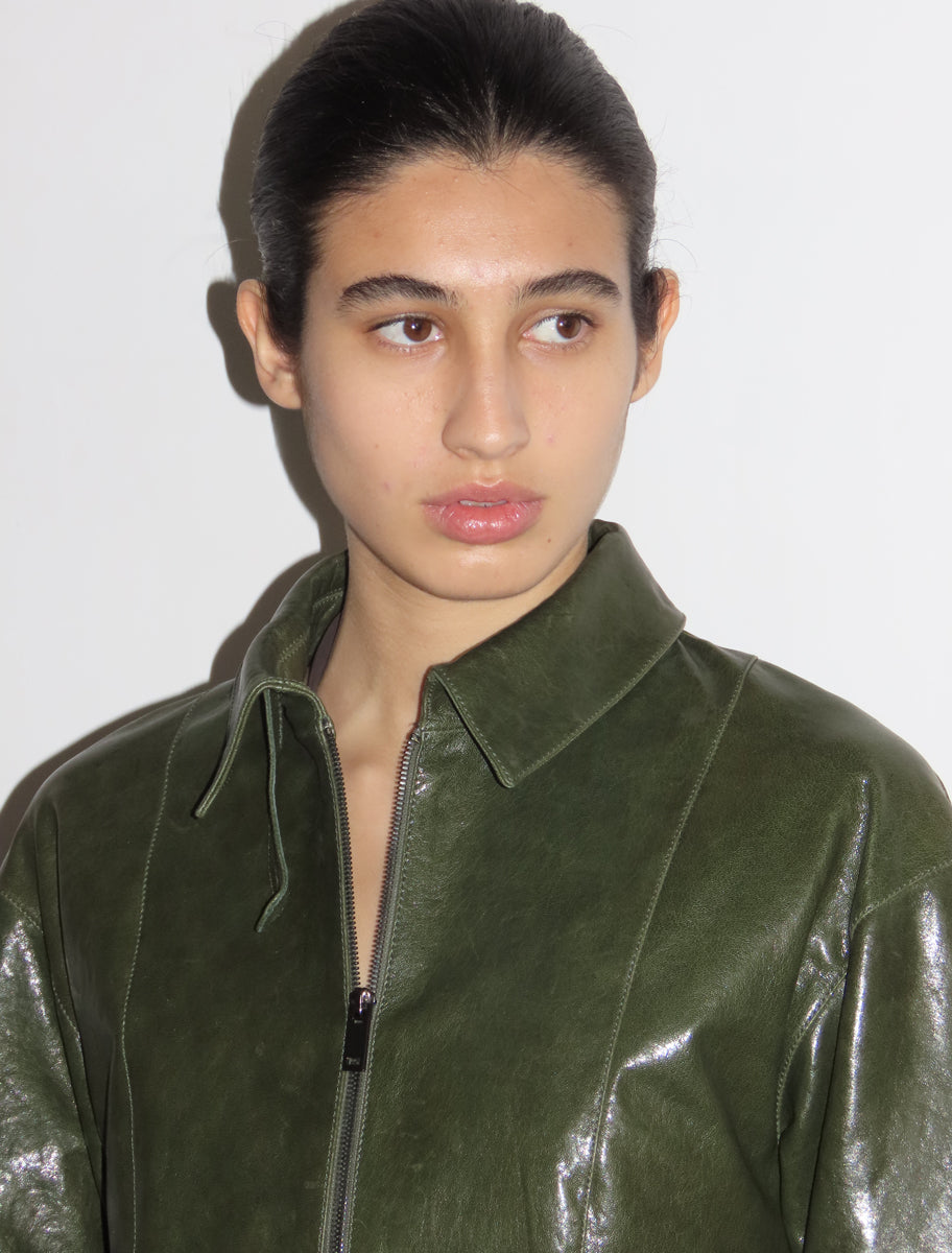 Fabia fitted waist leather jacket darkgreen