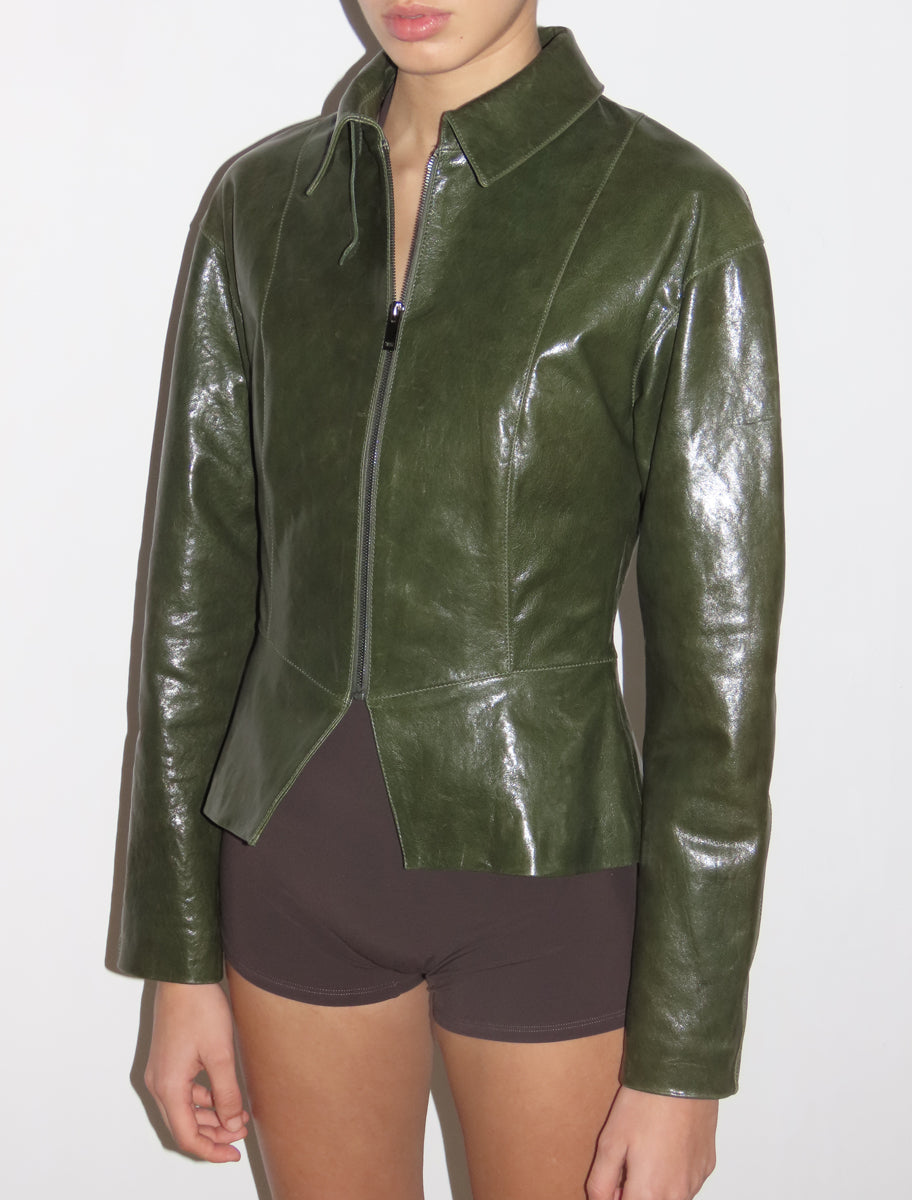 Fabia fitted waist leather jacket darkgreen