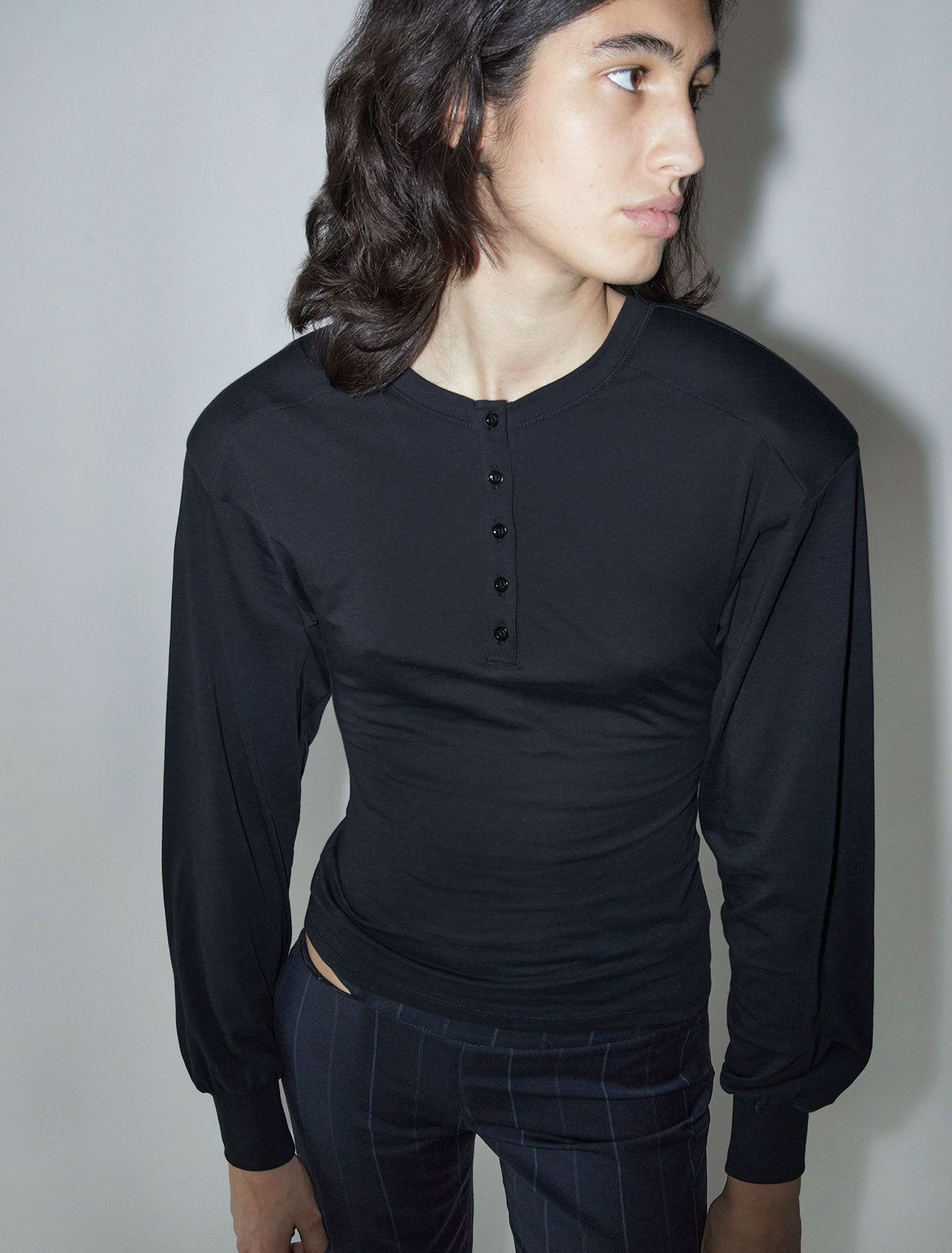 Ryno long sleeved top henley neckline shoulder pads black