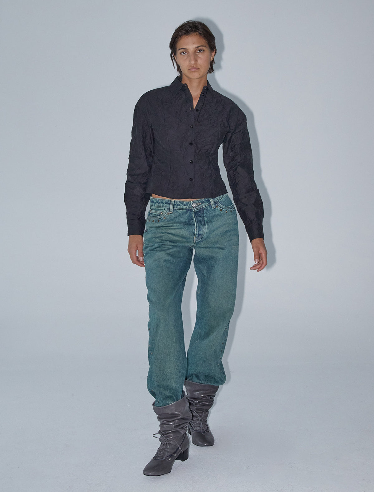 Magalita cotton crinckled fabric shirt buttons black