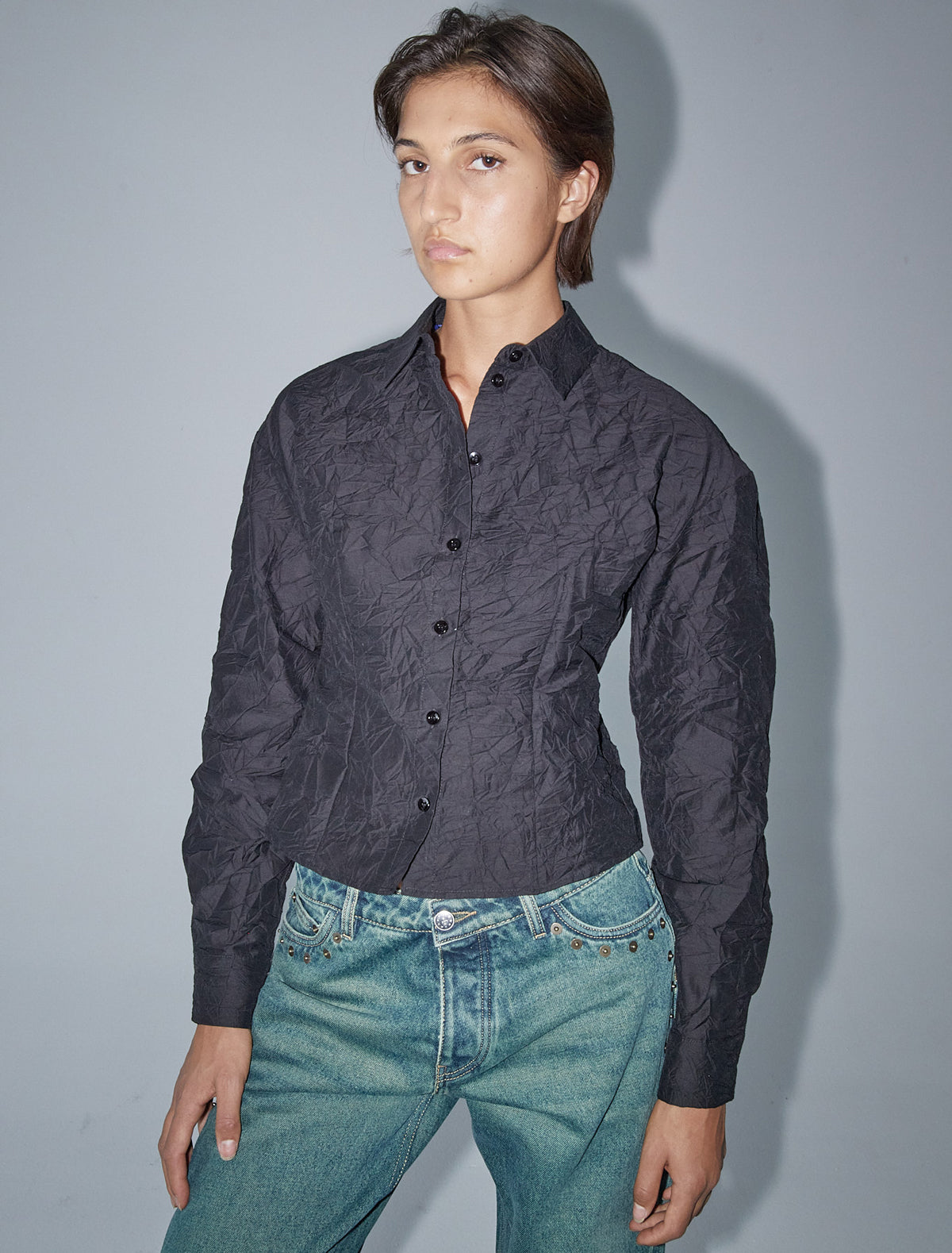 Magalita cotton crinckled fabric shirt buttons black