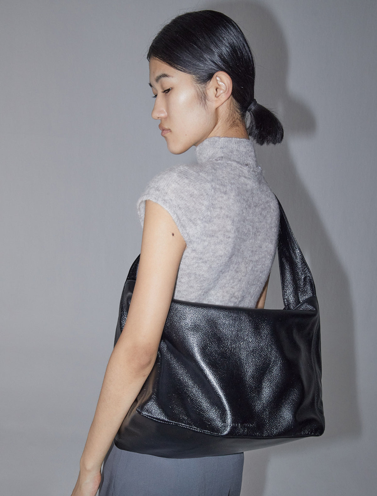 Lisa large leather bag wide handle black