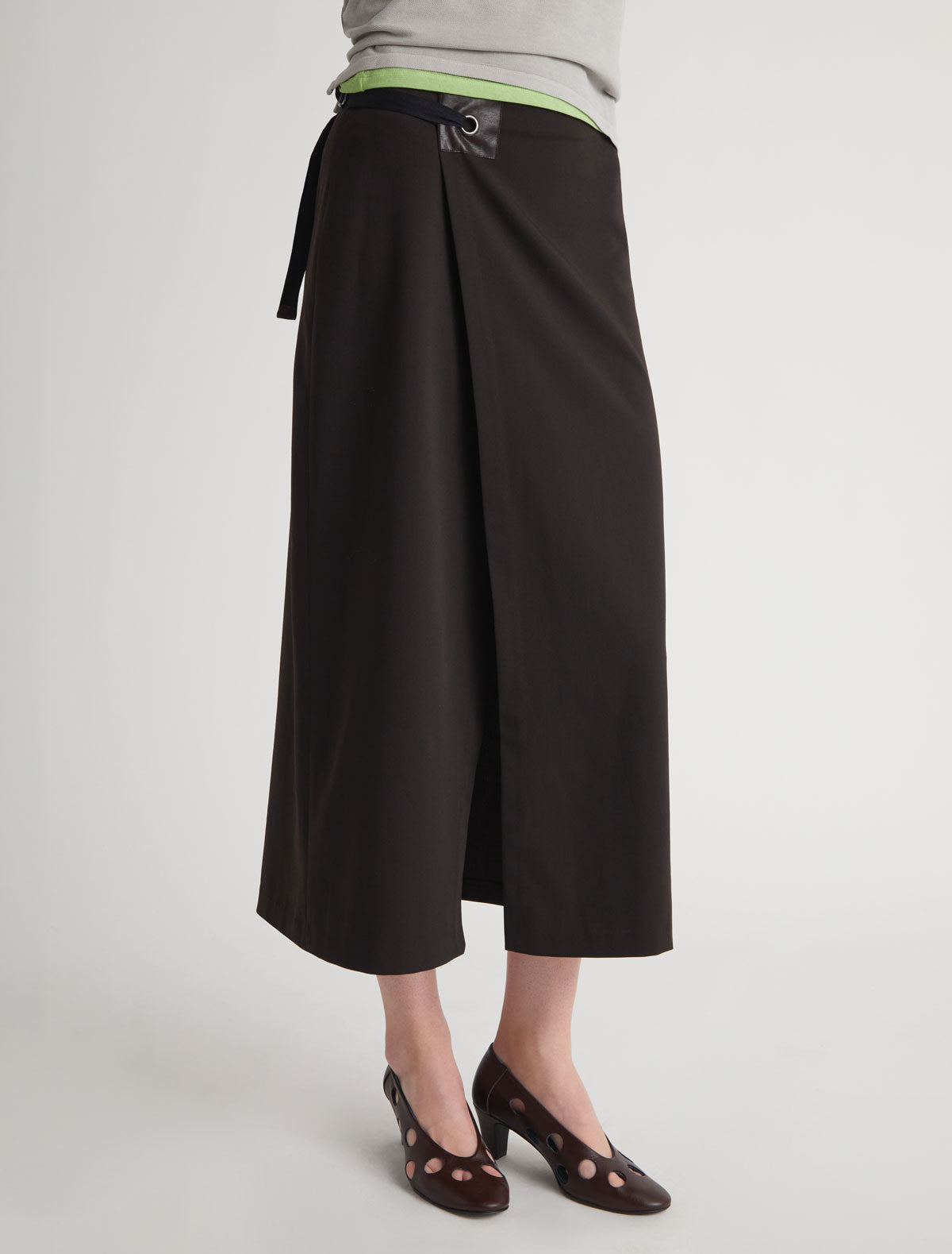 BLONT-Long wrap-style skirt with a leather tab and eyelet detail