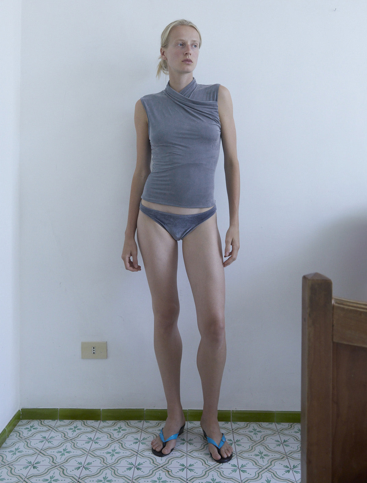 Such sleeveless cupro top draped crossed neckline greyishblue