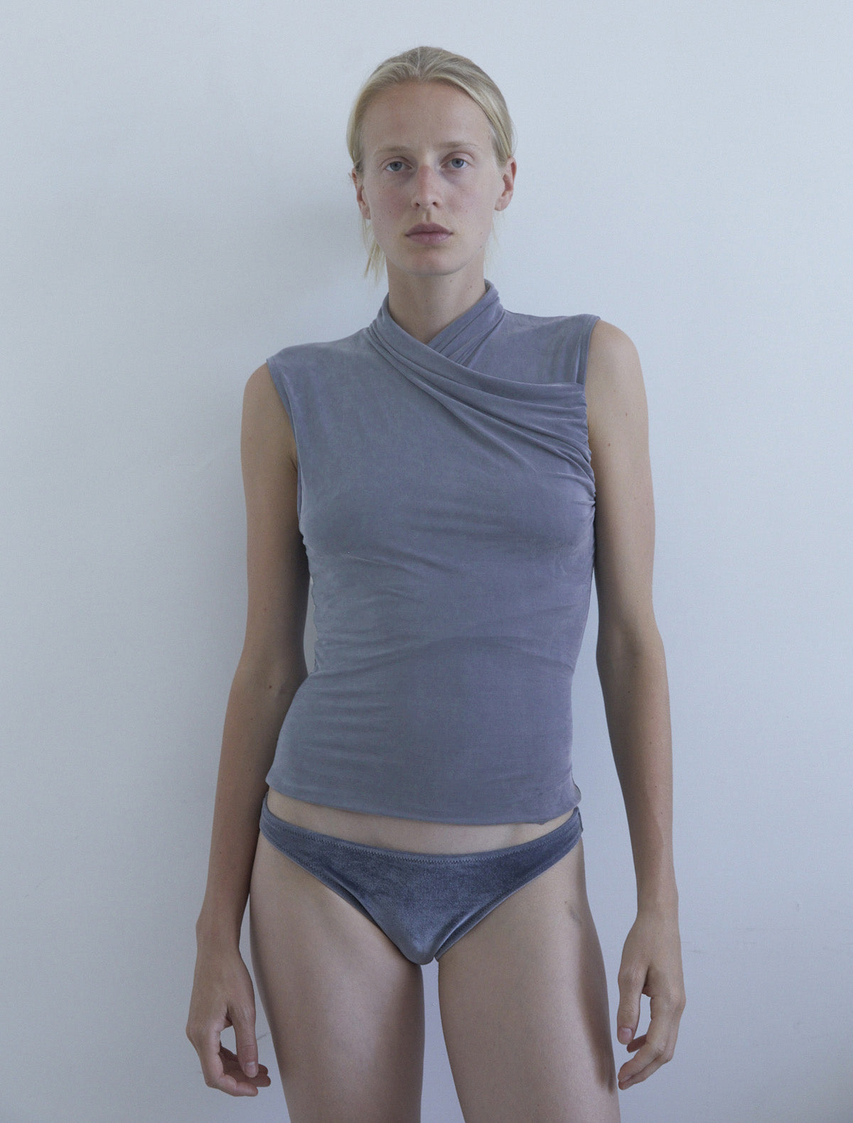 Such sleeveless cupro top draped crossed neckline greyishblue