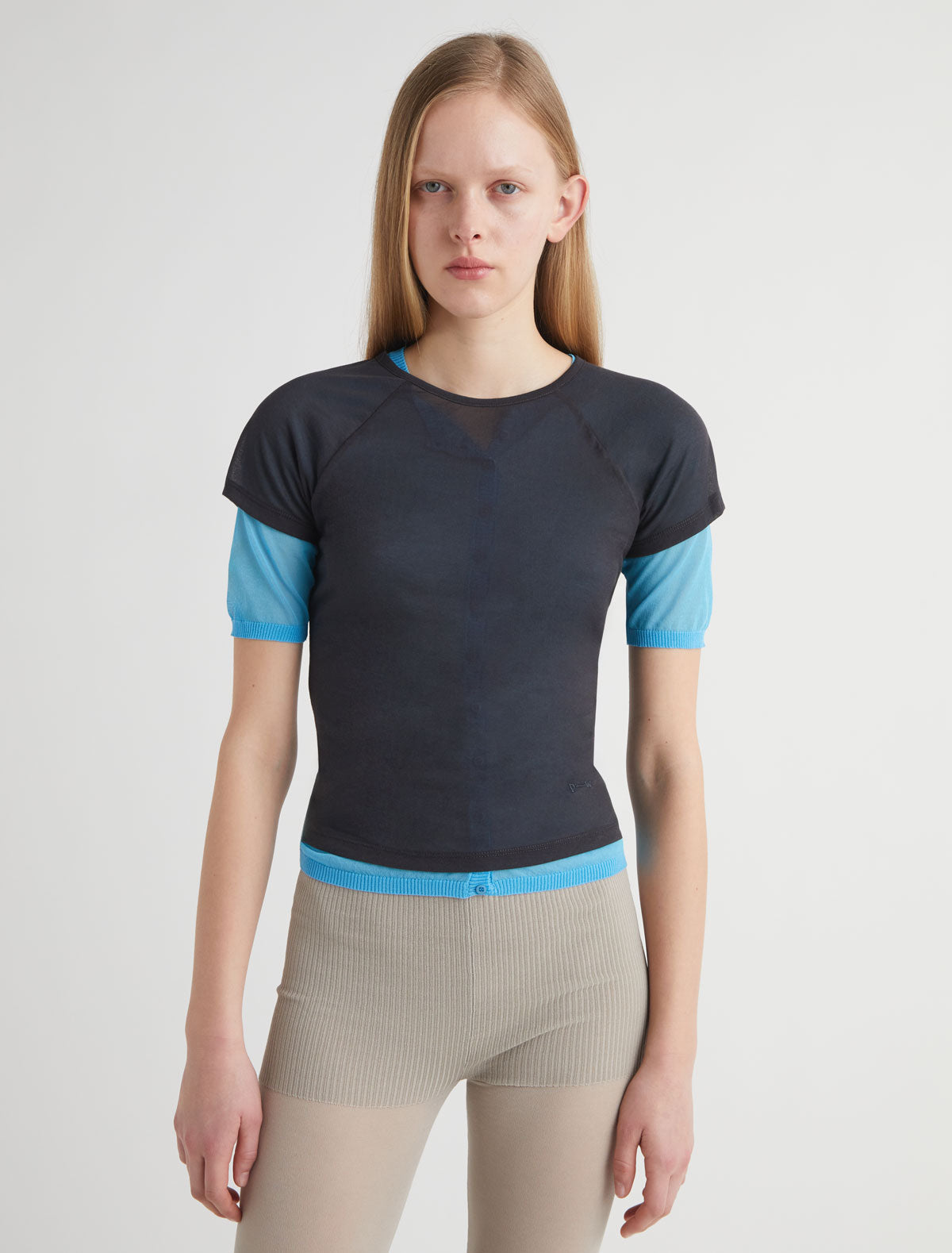 OMU-Dark grey delicate, slightly sheer top with PW embroidery