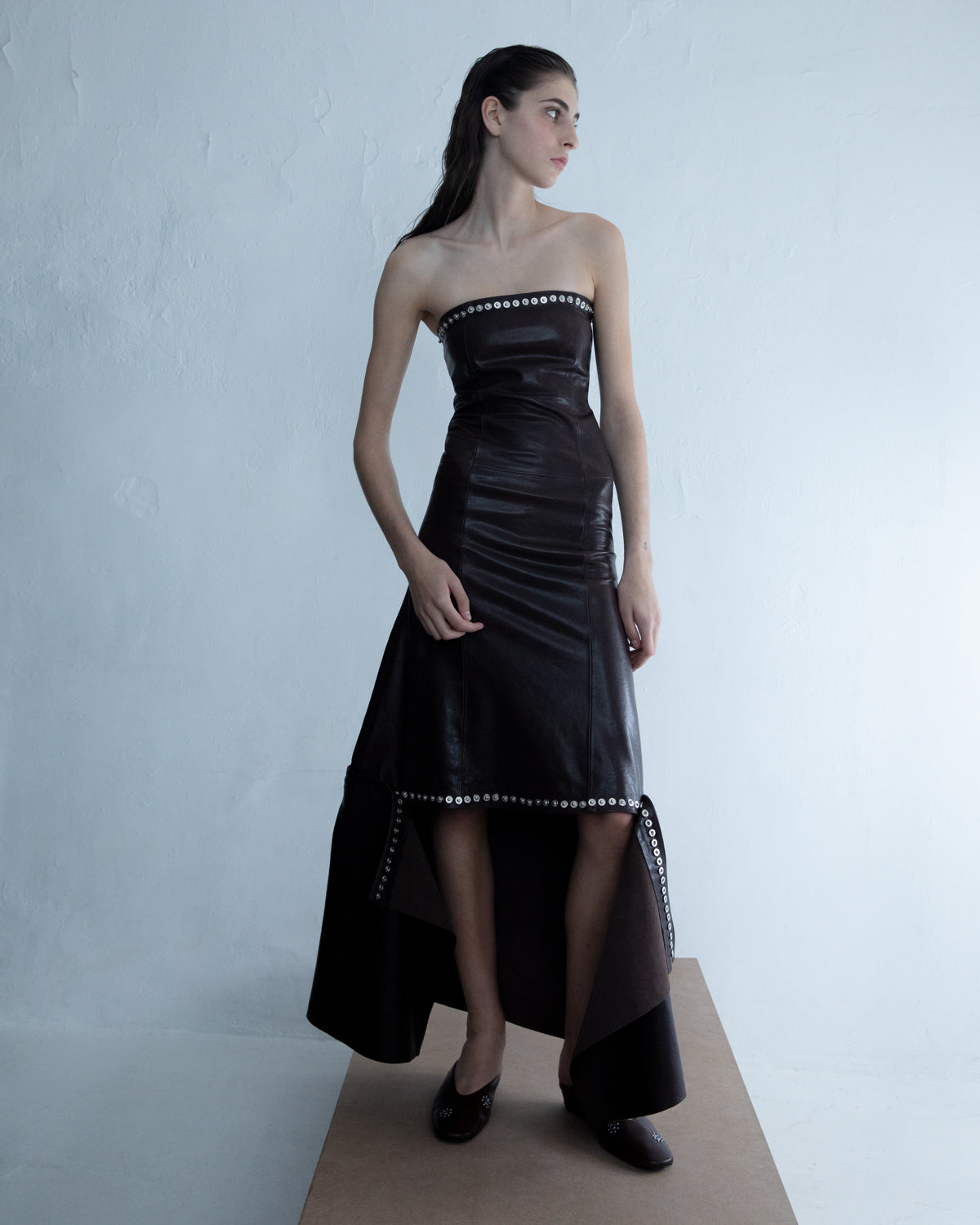 Daria fitted bandeau leather long dress snap buttons