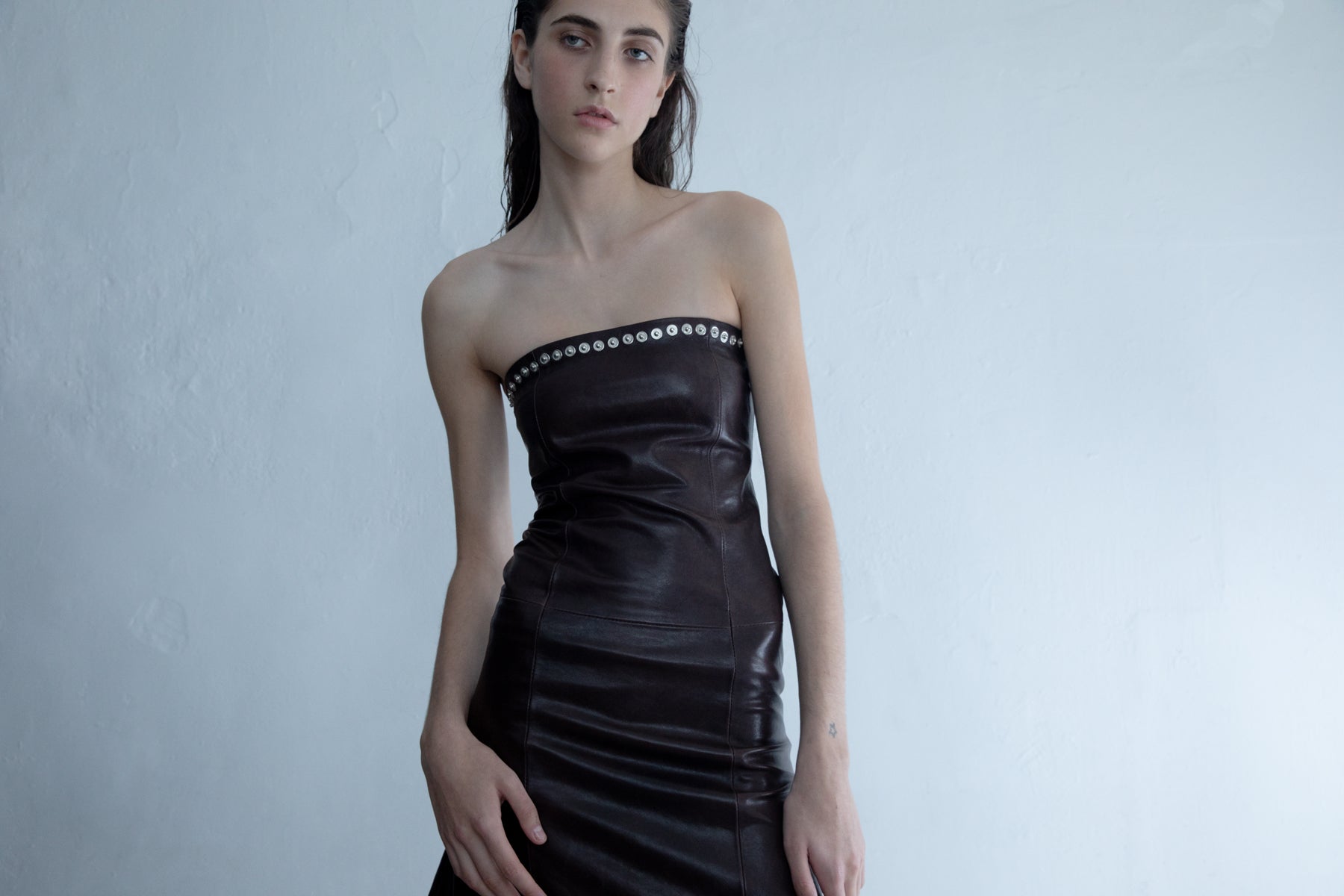 Daria fitted bandeau leather long dress snap buttons