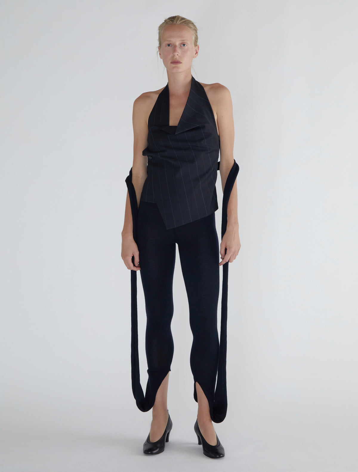 Tiomi halter top draped neckline striped suiting fabric