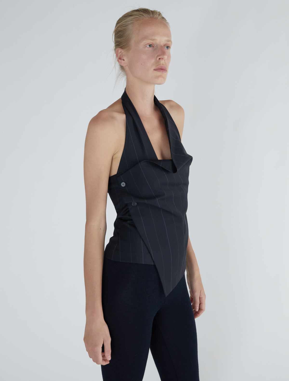Tiomi halter top draped neckline striped suiting fabric