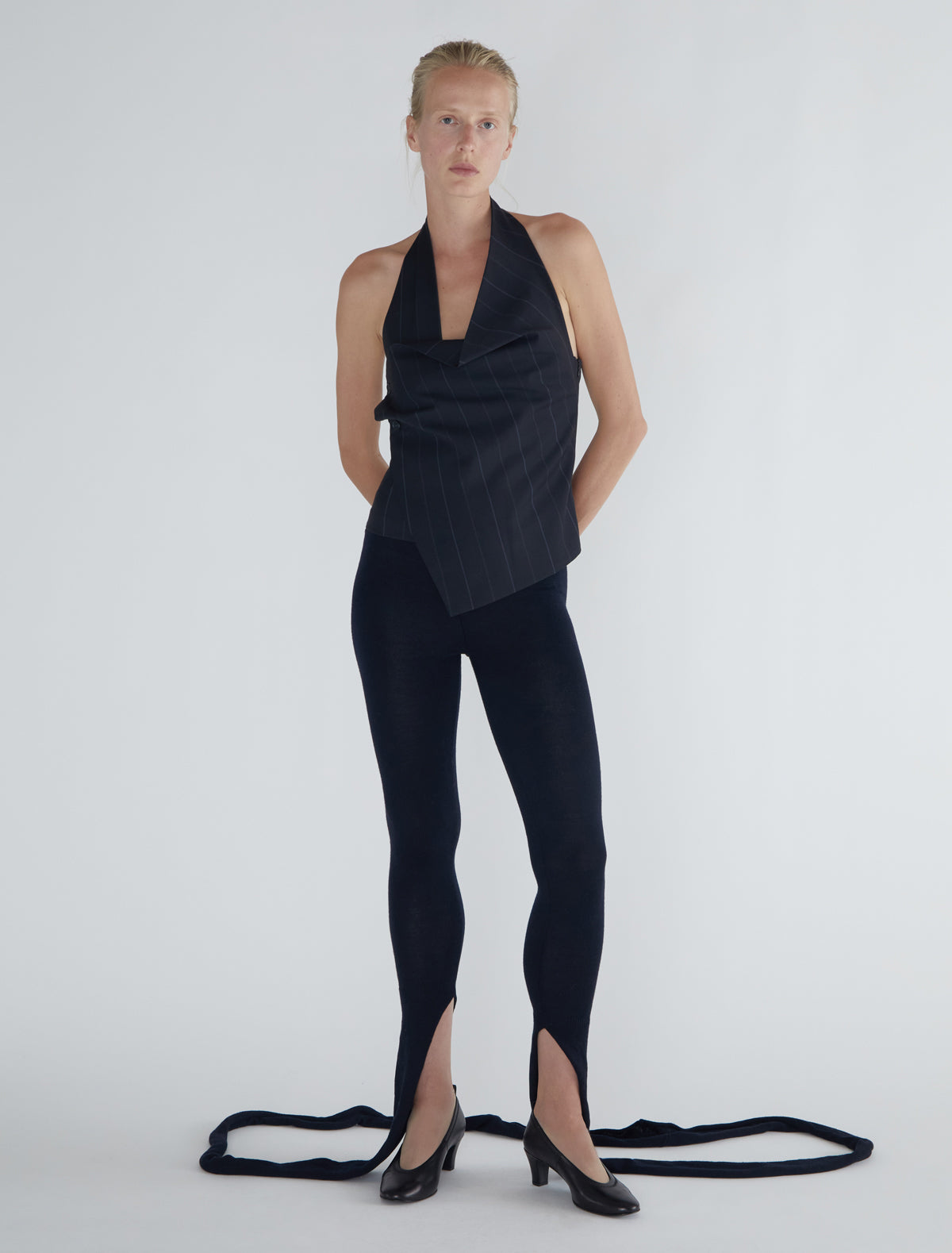 Tiomi halter top draped neckline striped suiting fabric