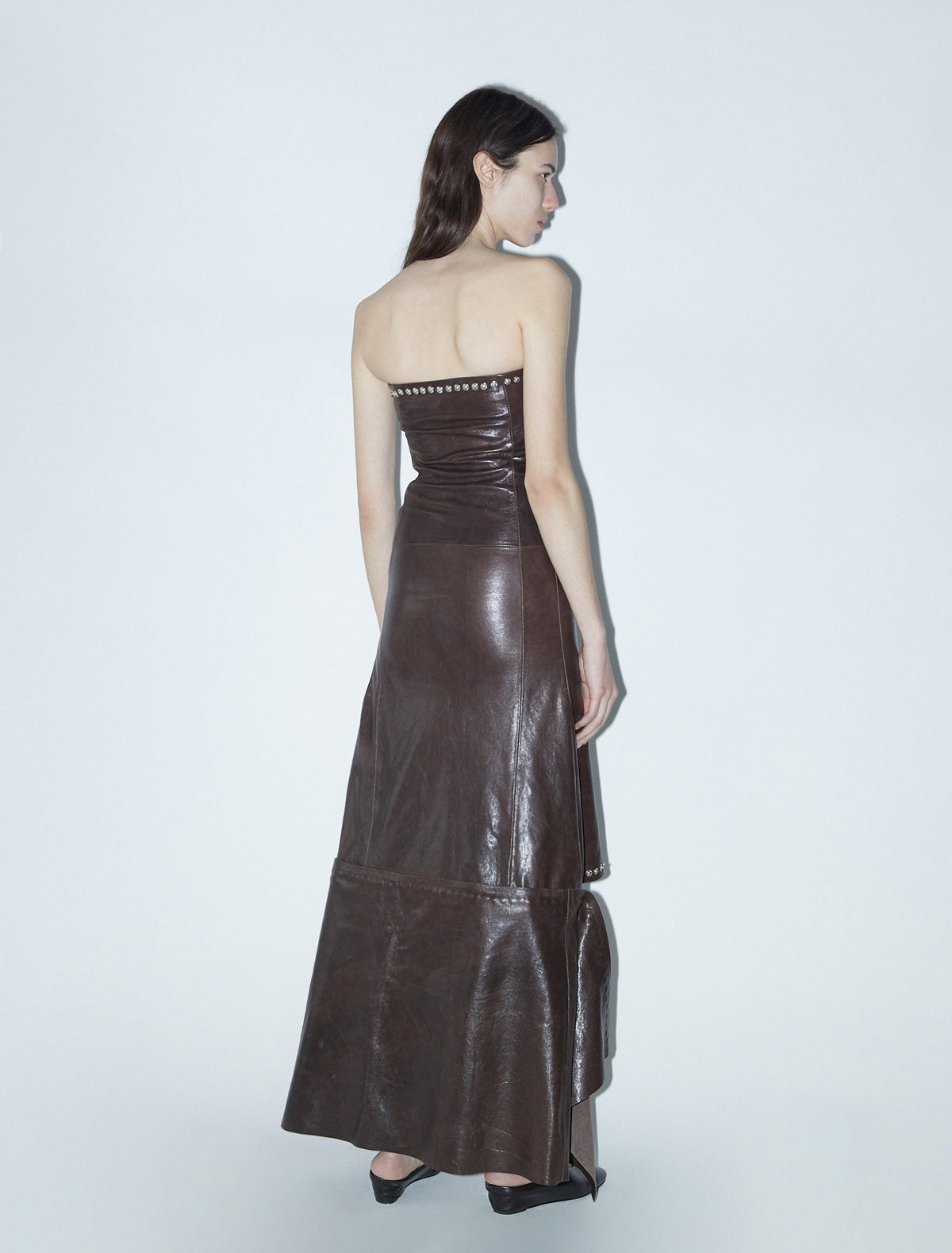 Daria fitted bandeau leather long dress snap buttons