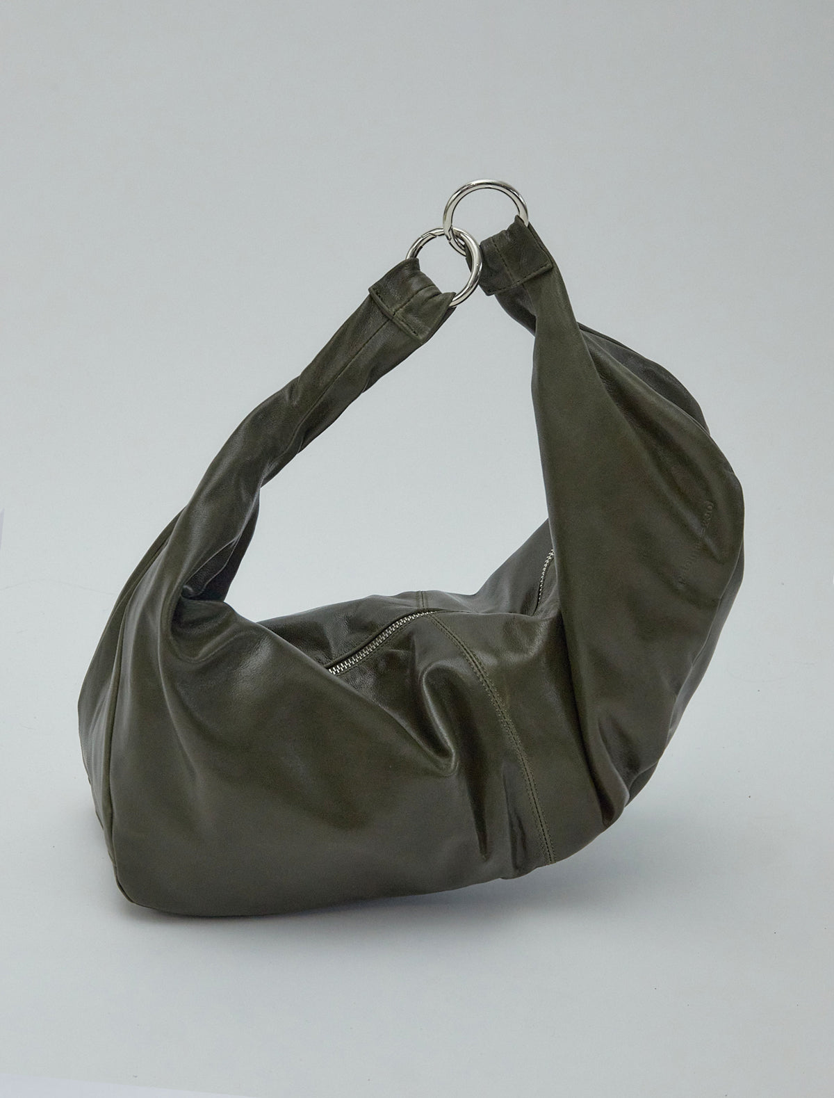 Dry elongated wrap around hobo style shoulder bag khaki