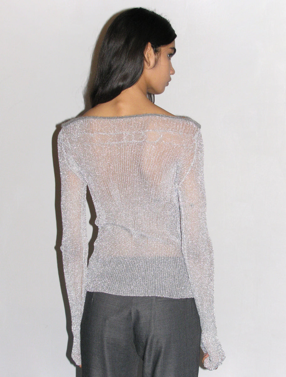 FLORA- sleeved boat top delicate sheer, with Silver long knitted neckline
