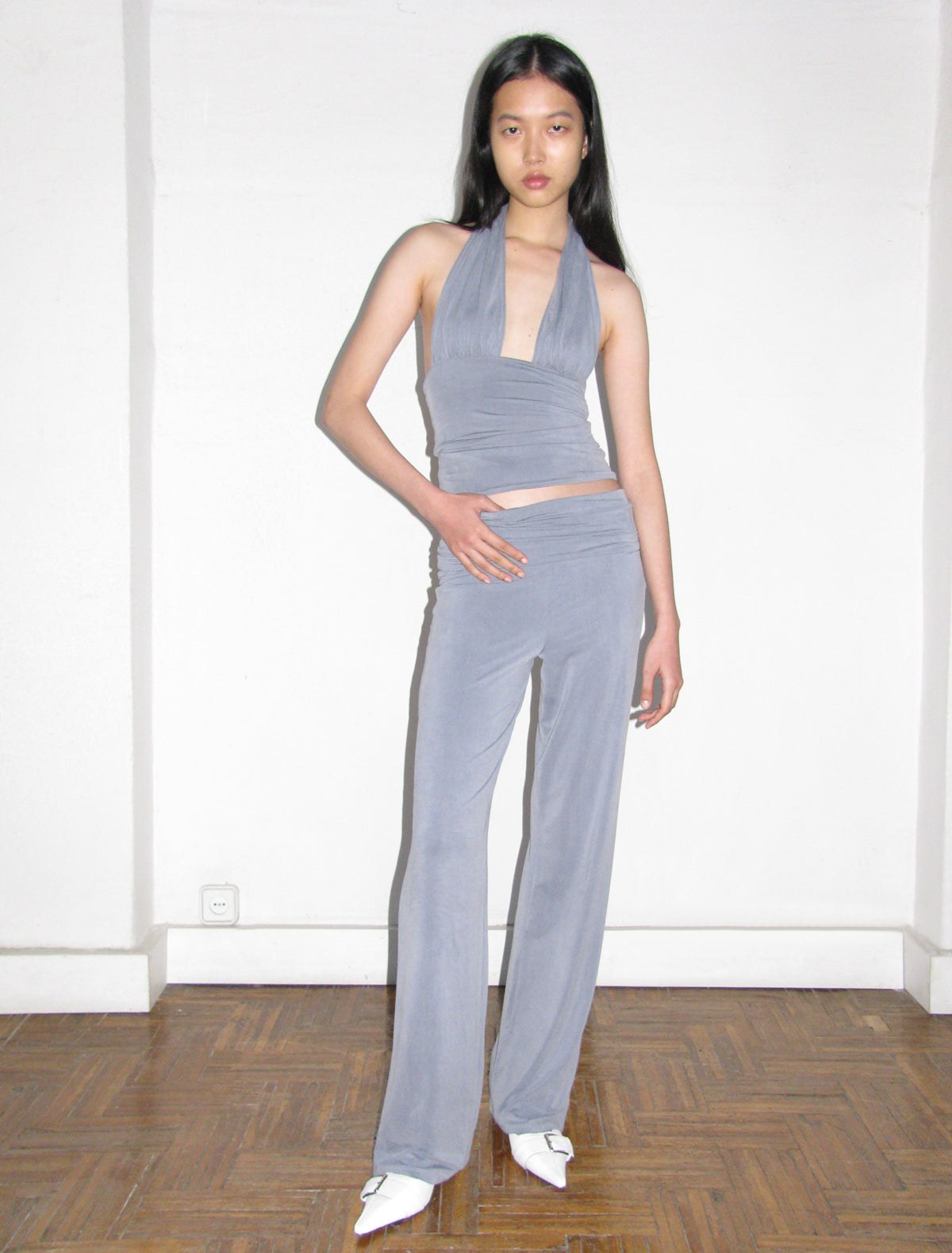 Octubre cupro trousers wide waistband grey