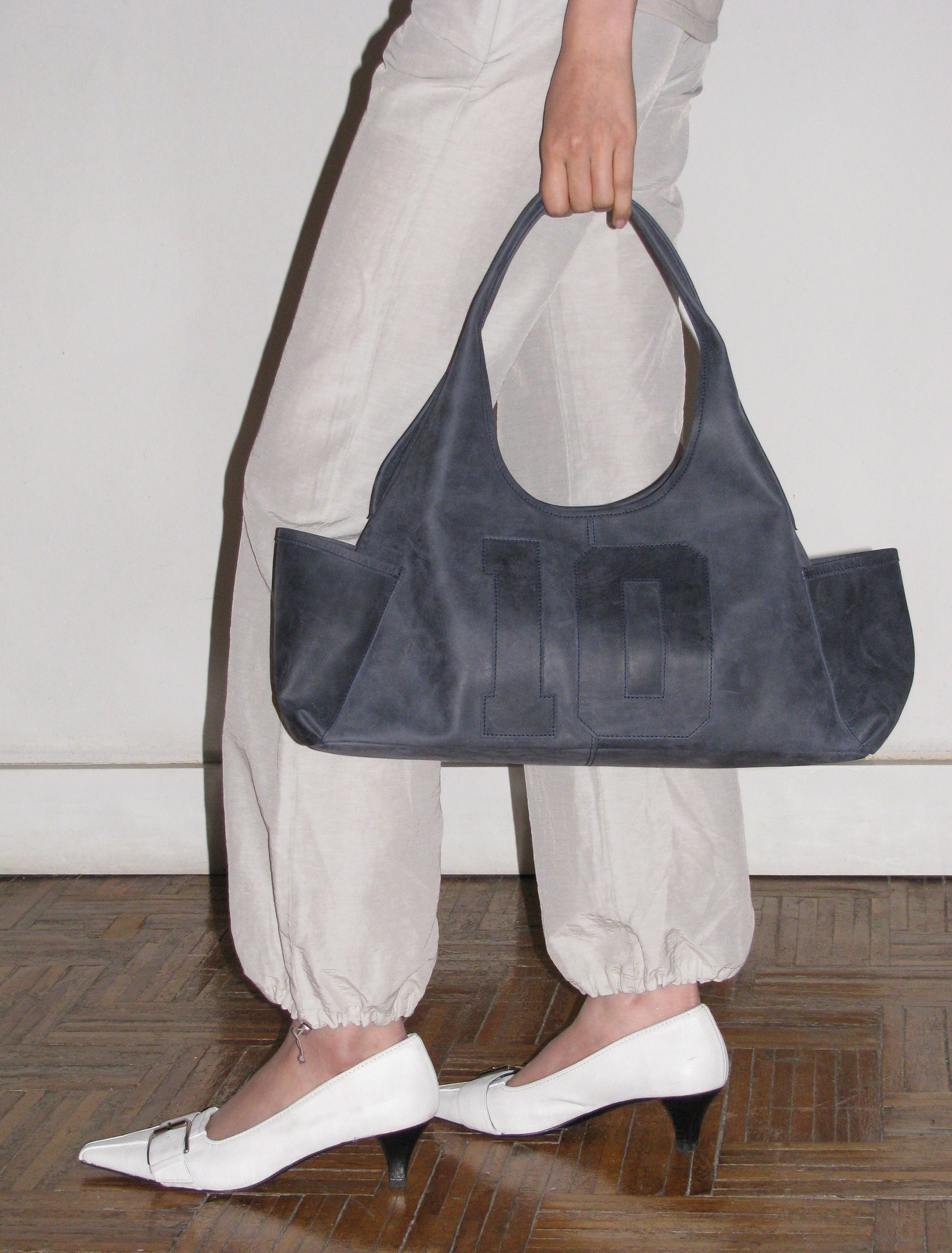 10years shoulder bag leather patch greyishblue