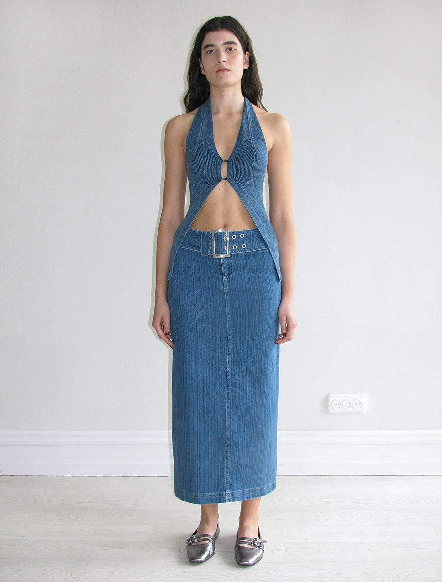 Viri low rise elastic denim long skirt