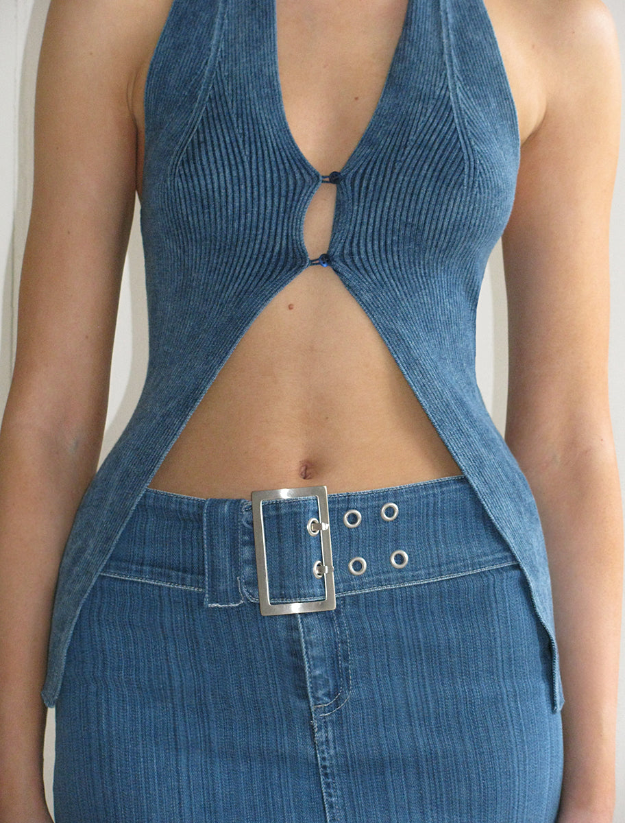 Viri low rise elastic denim long skirt