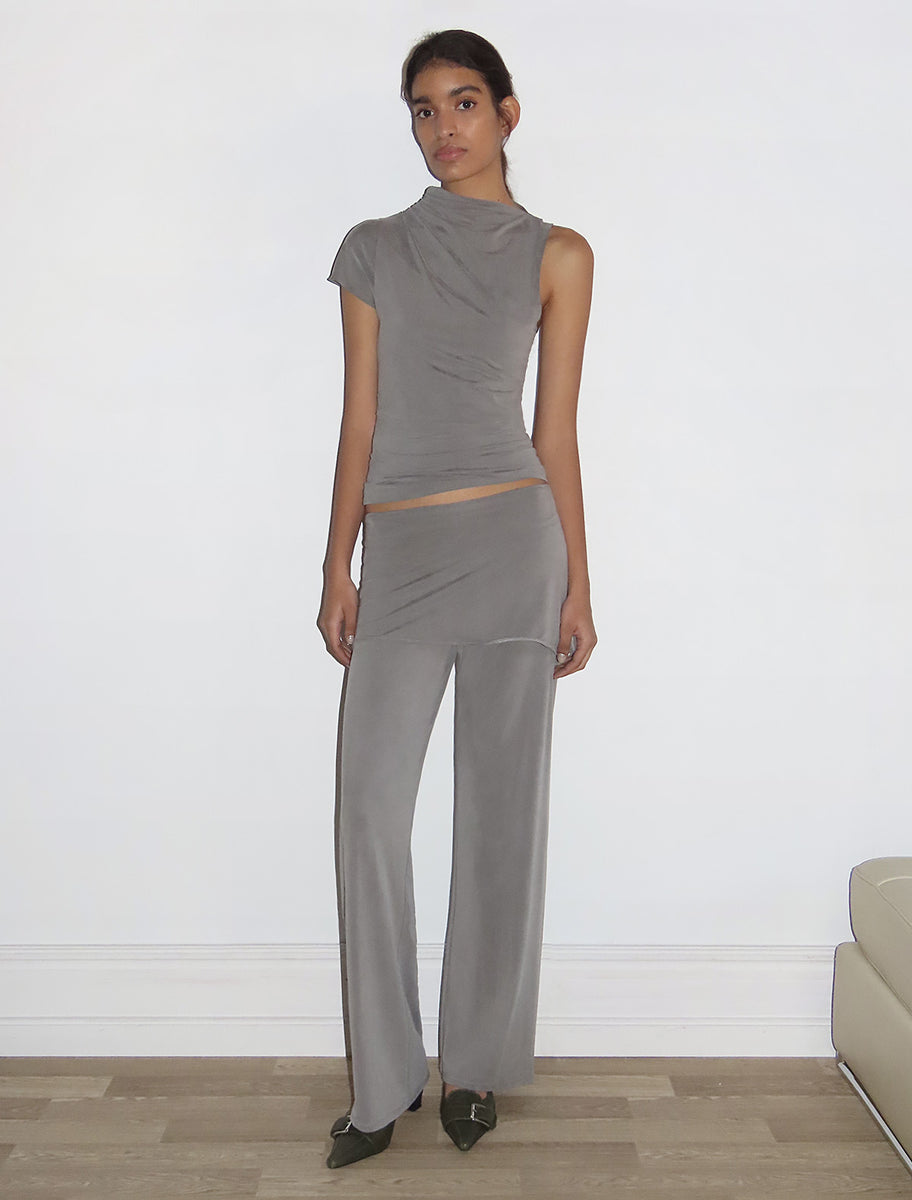 ELVIRA- Grey asymmetric sleeve, soft-neck cupro top