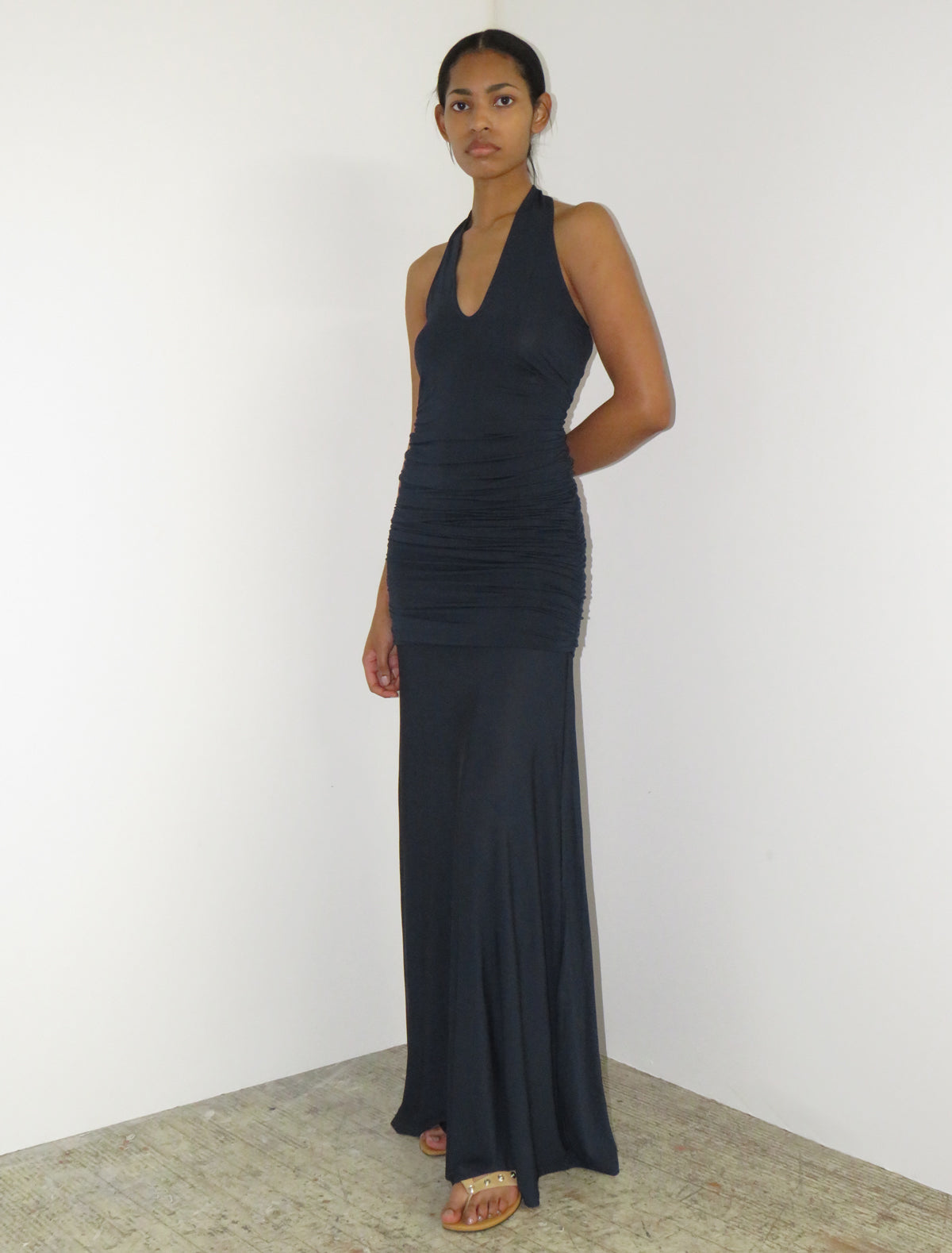 Tilt sheer halter dress gathered sides