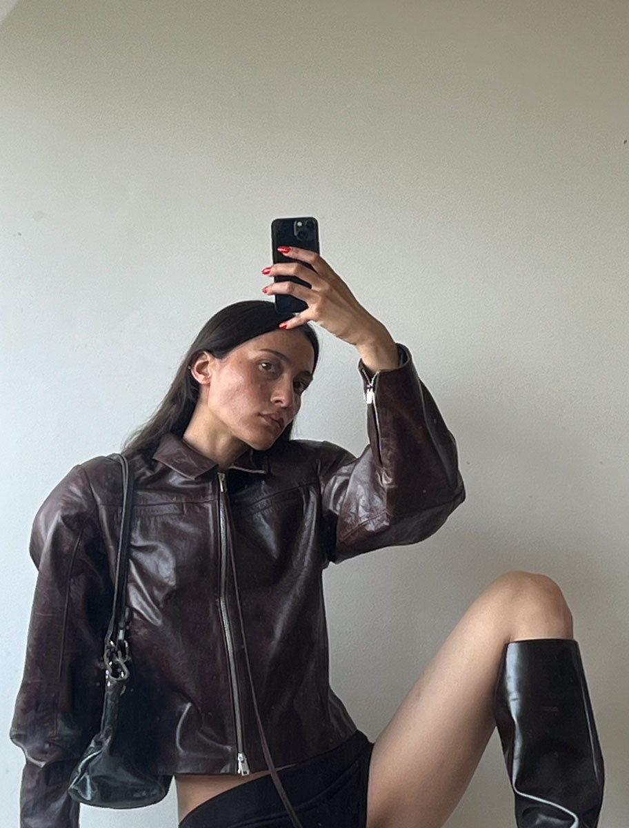 Banui fitted leather jacket zipper pockets brown