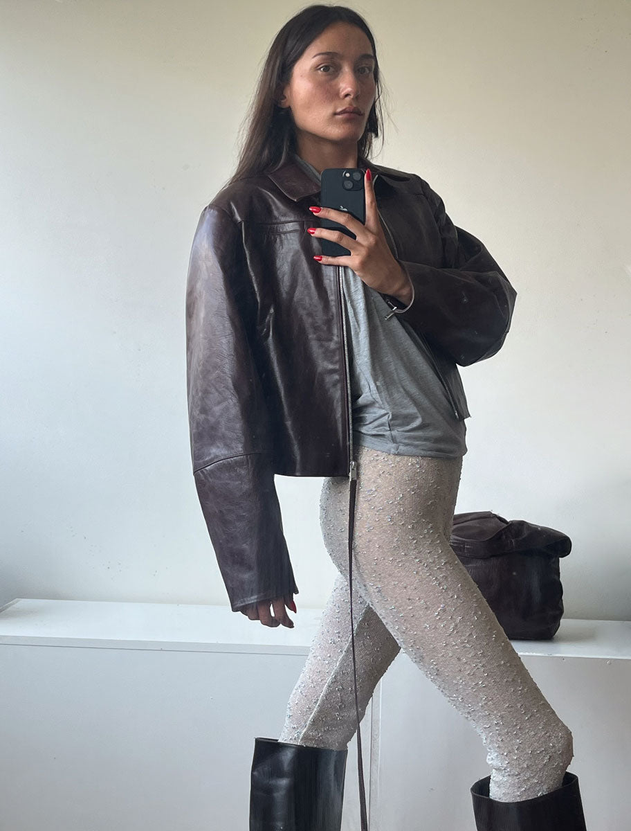 Banui fitted leather jacket zipper pockets brown