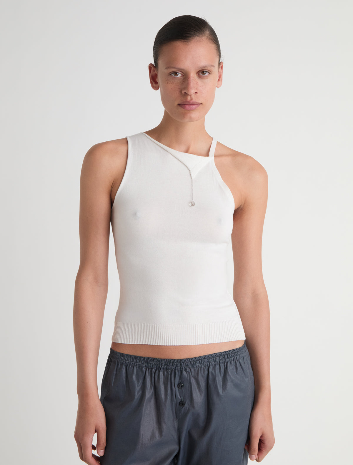 トップス SUMMER WOOL SLEEVELESS SHIRT Wool Blend Square Neck Spring Summer Basic Slim Fitted Tank Tops