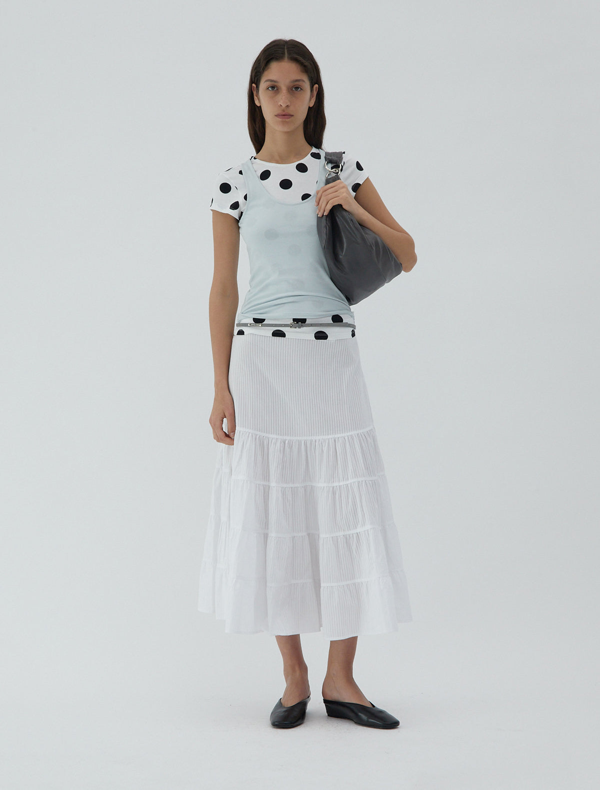 Loana short sleeve top layered effect embroidery hem