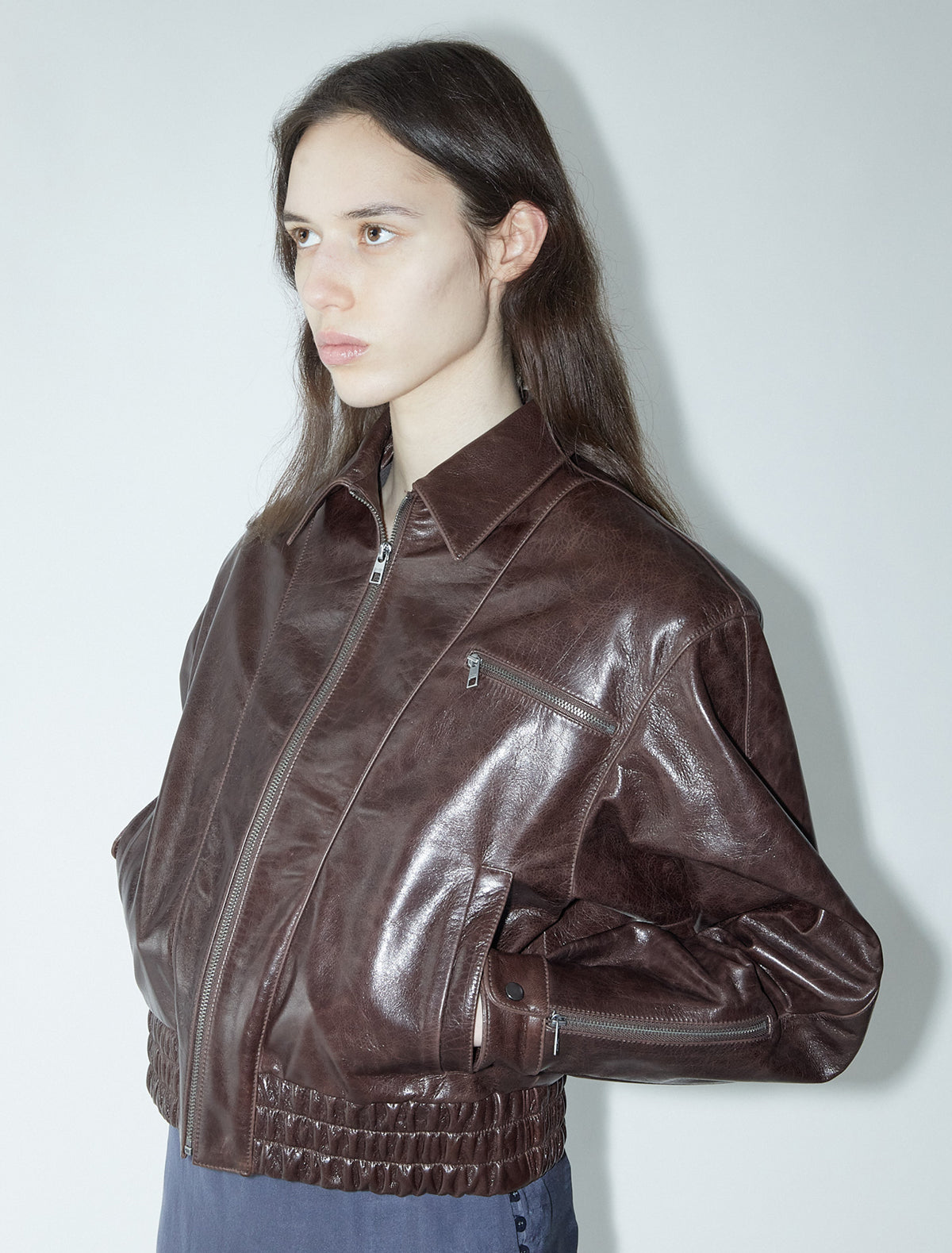Mini lora oversized cropped soft shiny leather bomber