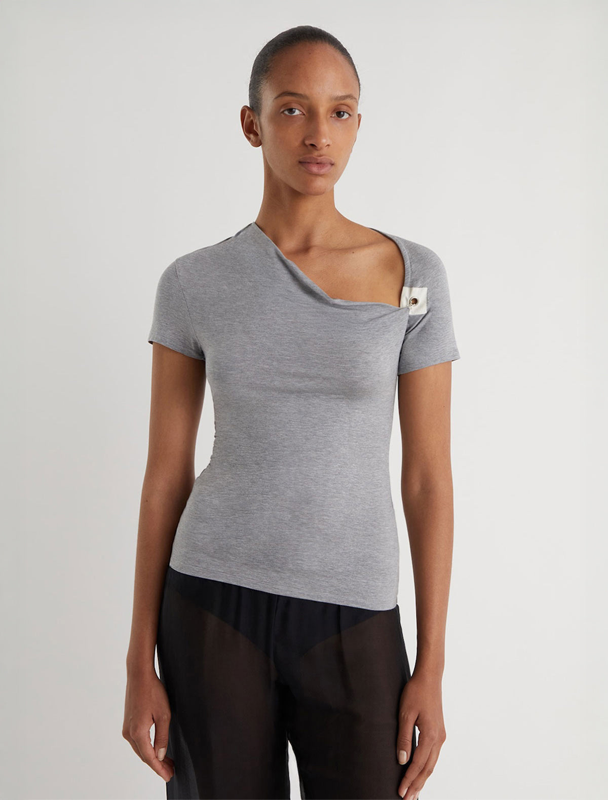 paloma wool トップス MIRE-Grey short-sleeve top with a draped neckline and a hook-and