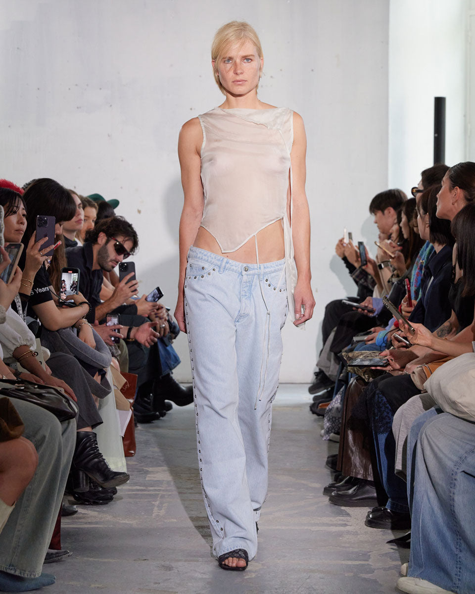 Crowd low waist denim pants metal detail seams