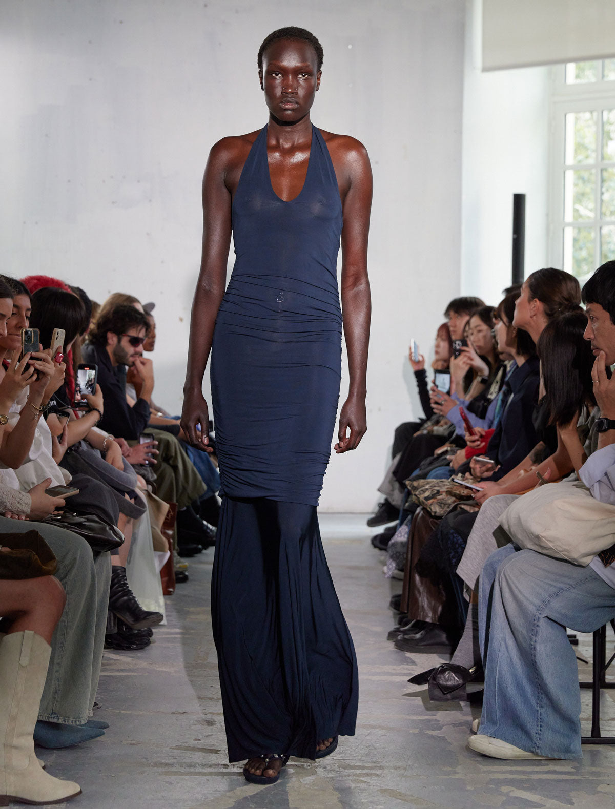 Tilt sheer halter dress gathered sides