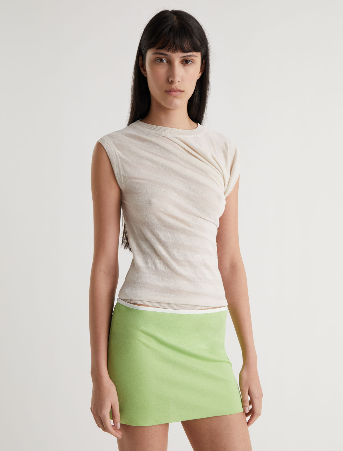 RAVEN-Off-white aymmetric draped top with a striped-effect knit