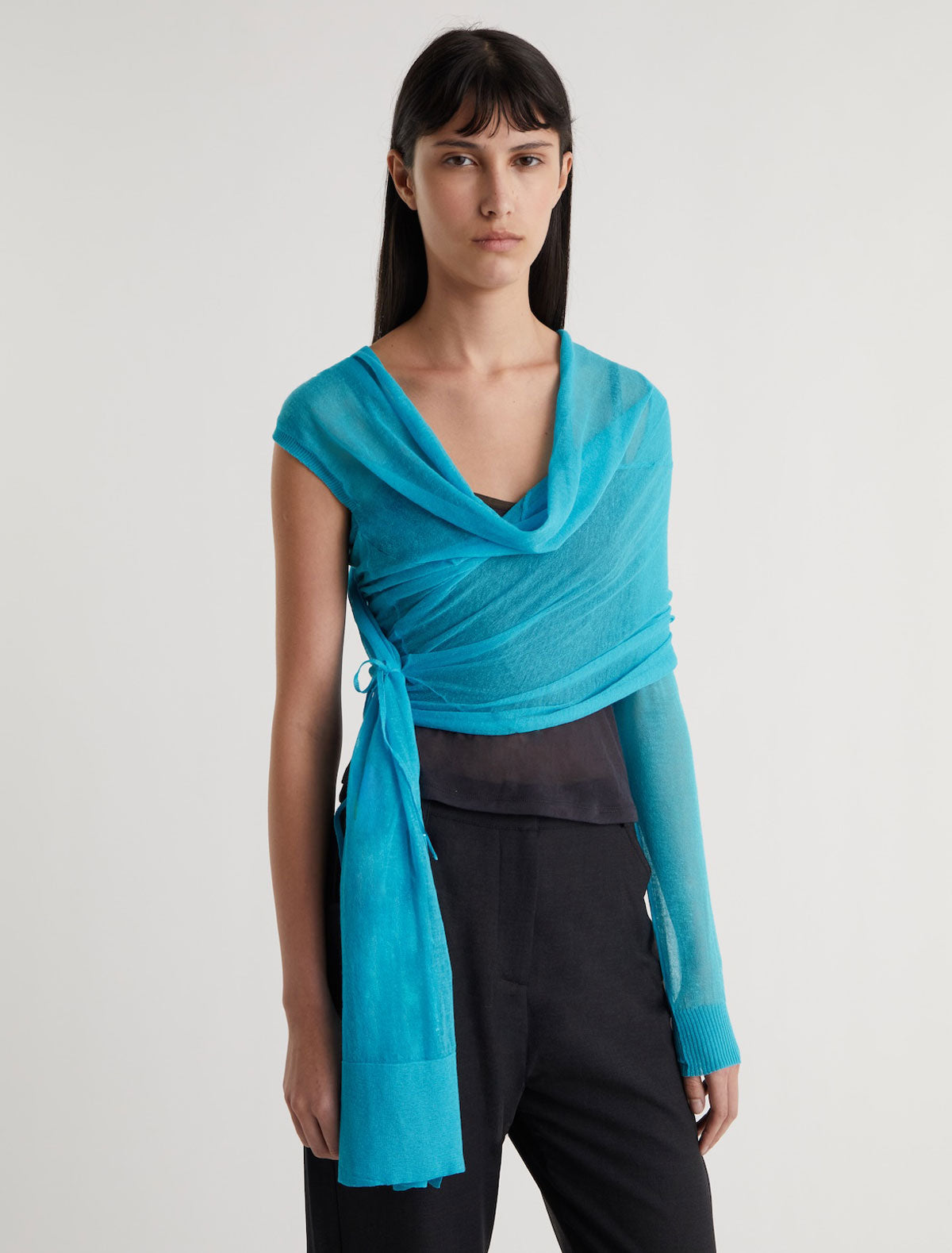 SAMIRA-Blue wrap-style knit top with an asymmetric design – paloma