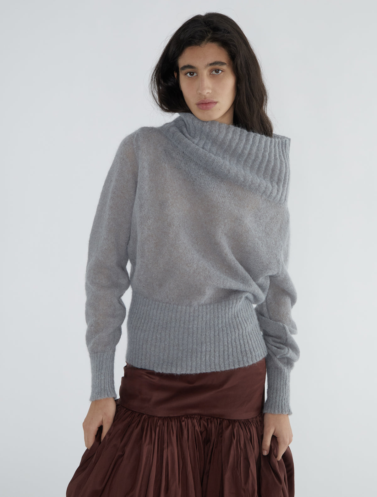 SOFRE-Light grey high-neck ribbed sweater with an open neckline