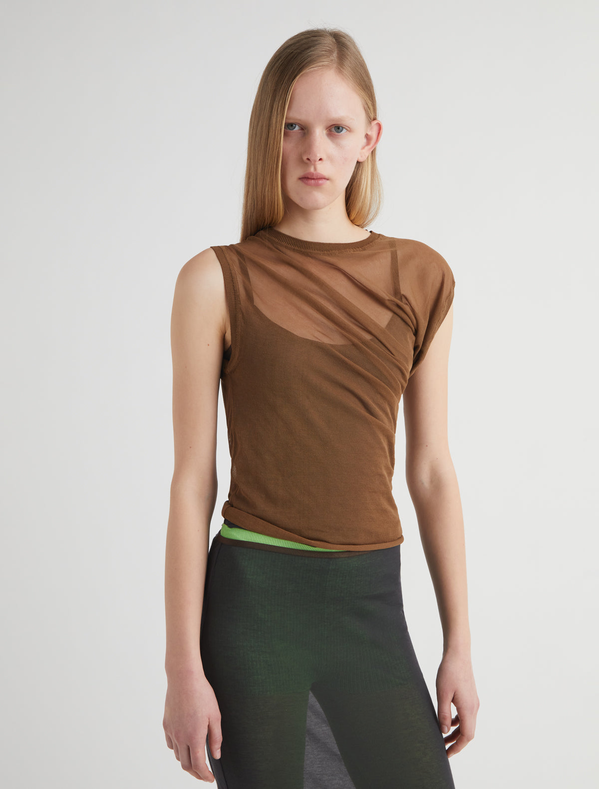 RAVEN II-Brown asymmetrical knit top with draped detailing