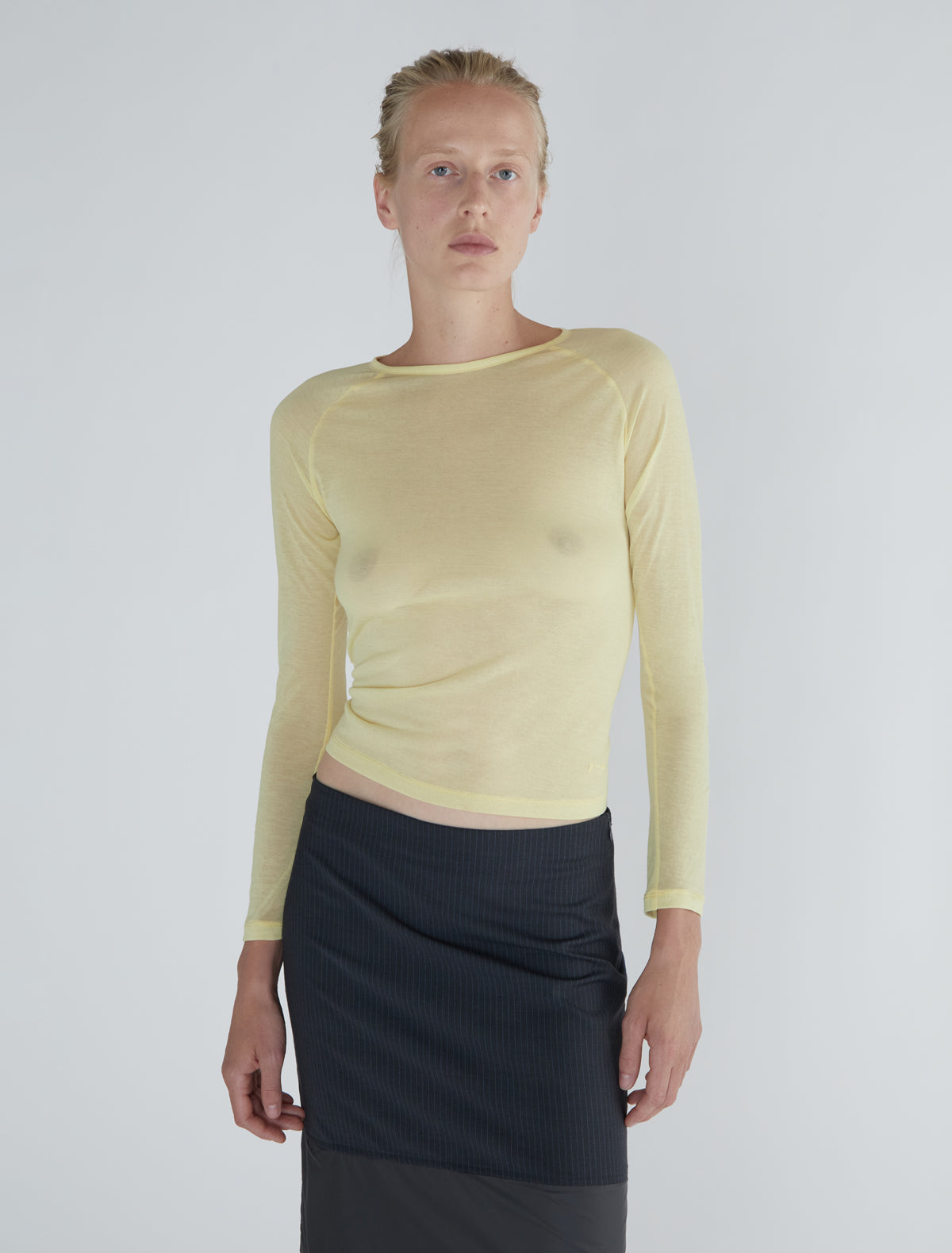 Hiro delicate sheer top embroidered hem yellow