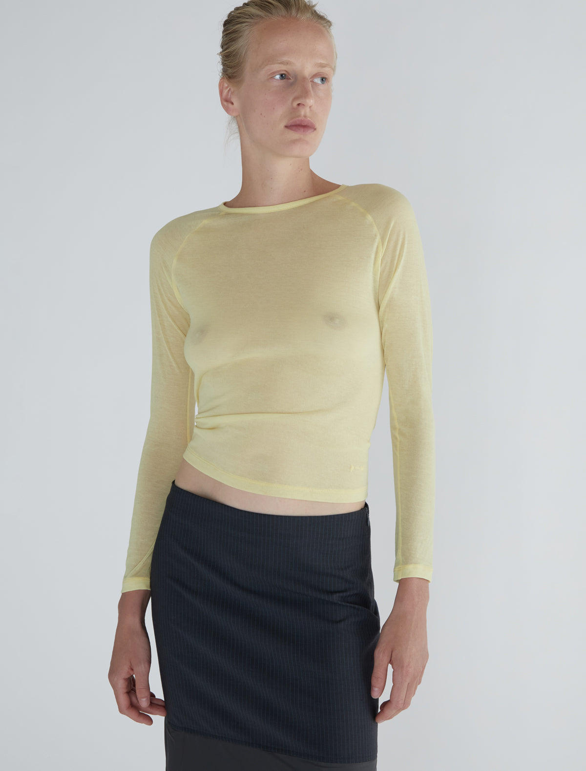 Hiro delicate sheer top embroidered hem yellow