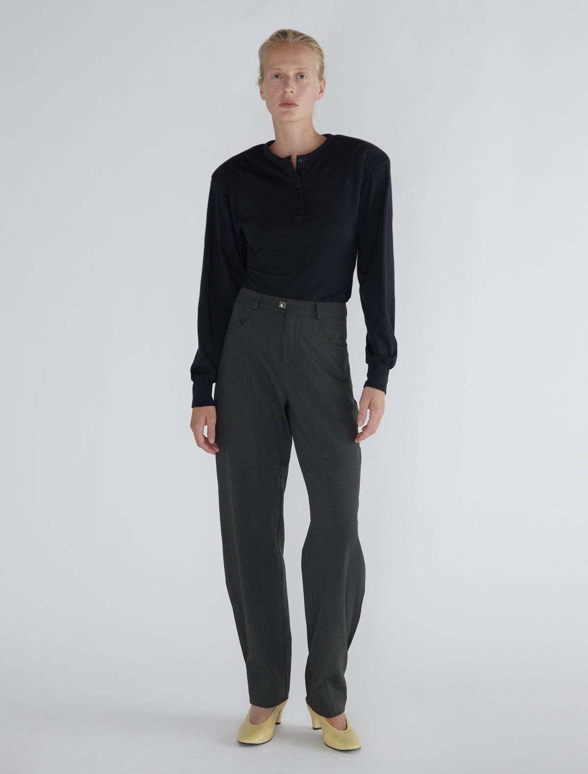 Ryno long sleeved top henley neckline shoulder pads black