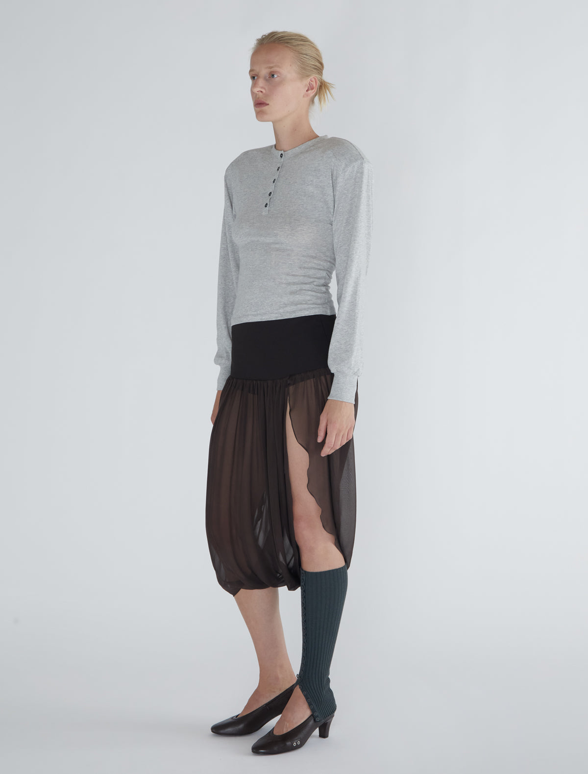 Ryno long sleeved top henley neckline shoulder pads grey