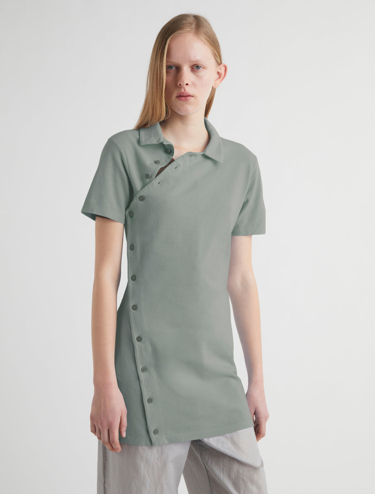 blue dress for baby girl NICO DRESS-Khaki short-sleeved, asymmetric buttoned dress – paloma wool